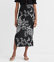 Floral Paisley Ruched Linen Blend Midi Skirt carousel Product Image 3