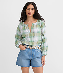 Plaid Gathered Keyhole Blouse carousel Product Image 1