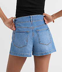 Rivete Tall Curvy Double Shank High Rise Denim Shorts in Dark Wash carousel Product Image 2
