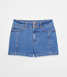 Rivete Petite Curvy Double Shank High Rise Denim Shorts in Dark Wash carousel Product Image 3