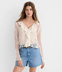 Petite Lace Ruffle V-Neck Blouse carousel Product Image 3