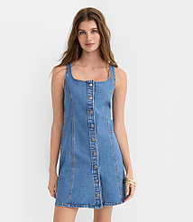 Denim Seamed Button Mini Dress in Classic Mid Wash carousel Product Image 2