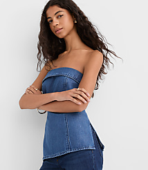 Denim Foldover Strapless Top in Classic Mid Wash carousel Product Image 2