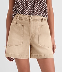 Petite Curvy Belted Denim Utility Shorts in Washed Neutral carousel Product Image 1