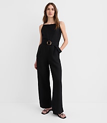 Petite Linen Blend Belted Jumpsuit carousel Product Image 3