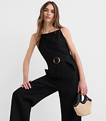 Petite Linen Blend Belted Jumpsuit carousel Product Image 1