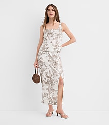 Floral Toile Linen Cotton Column Midi Skirt