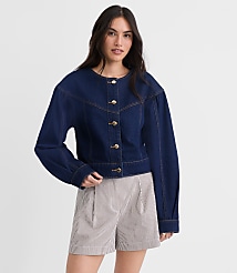 Petite Balloon Sleeve Denim Jacket in Classic Rinse Wash carousel Product Image 1