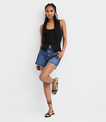 Rivete Destructed High Rise Cut Off Denim Shorts in Dark Wash carousel Product Image 1