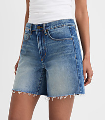 Rivete Petite Curvy Fresh Cut Seamed Boyfriend Shorts in Dark Wash carousel Product Image 1