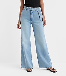 Rivete Tall Curvy Belted High Rise Wide Leg Jeans in Light Wash carousel Product Image 1