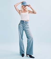 Rivete Double Waisted High Rise Wide Leg Jeans in Light Wash carousel Product Image 1
