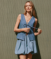 Petite Chambray Ruched Bubble Mini Skirt carousel Product Image 1