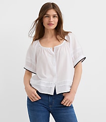 Petite Scalloped Pintucked Puff Sleeve Blouse carousel Product Image 3