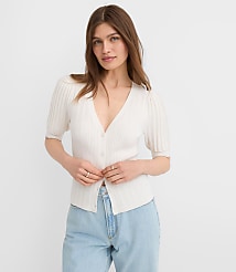 Pointelle Puff Sleeve V-Neck Cardigan carousel Product Image 1