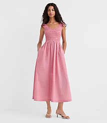 Gingham Smocked Cap Sleeve Midi Pocket Dress carousel Product Image 3