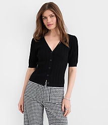 Pointelle Puff Sleeve V-Neck Cardigan carousel Product Image 1