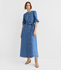 Petite Chambray Balloon Sleeve Midi Pocket Dress carousel Product Image 1