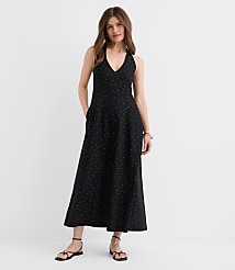 Petite Dotted Linen Cotton Midi Pocket Halter Dress carousel Product Image 3