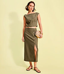 Linen Cotton Button Trim Midi Skirt carousel Product Image 4