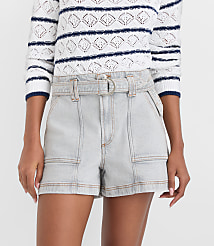 Rivete Petite Curvy Belted Denim Utility Shorts in Vintage Grey Wash carousel Product Image 1