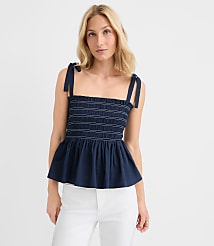 Topstitched Poplin Tie Strap Smocked Peplum Cami carousel Product Image 4