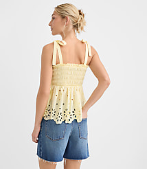 Floral Eyelet Tie Strap Smocked Peplum Cami carousel Product Image 3