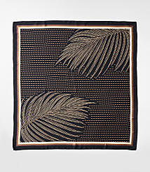 A dark square scarf with a pattern of two tan palm fronds against a background of horizontal dashed lines is bordered by thin stripes of white, brown, and black. carousel Product Image 2