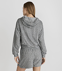 A woman in a sparkly grey hoodie and shorts stands against a plain white background. carousel Product Image 3
