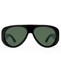 A pair of black aviator sunglasses with green lenses is centered against a plain white background. carousel Product Image 2