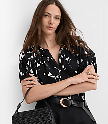 Floral Puff Sleeve Split Neck Top carousel Product Image 2