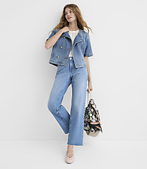 Petite Short Sleeve Denim Jacket in Bright Mid Indigo Wash carousel Product Image 2