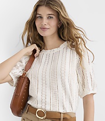 Petite Striped Lace Puff Sleeve Top carousel Product Image 2