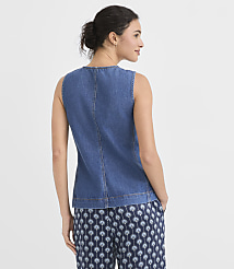 A woman in a denim top and patterned pants stands against a plain white background. carousel Product Image 3