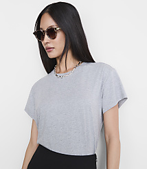 A woman in a grey t-shirt and sunglasses poses against a plain white background. carousel Product Image 2