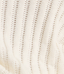 A close-up of a cream-colored knitted fabric with vertical ribbed texture and small holes fills the frame. carousel Product Image 3
