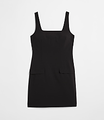 A black sleeveless mini dress with square neckline and two patch pockets is displayed against a plain white background. carousel Product Image 5