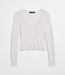 A white ribbed knit cardigan with a V-neck and button closure is laid flat against a plain white background. carousel Product Image 5