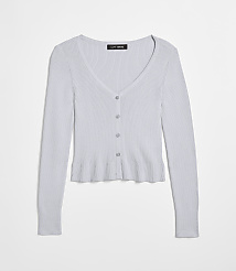 A light blue ribbed cardigan with a ruffled hem is displayed against a plain white background. carousel Product Image 3