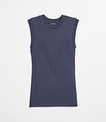 A navy blue sleeveless ribbed knit top with a V-shaped pattern is centered against a plain white background. carousel Product Image 5