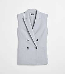 A light gray, double-breasted sleeveless blazer with dark buttons is presented against a plain white background. carousel Product Image 5