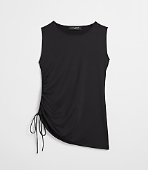 A black sleeveless top with a ruched side detail and drawstrings is presented against a plain white background. carousel Product Image 5