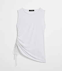 A white sleeveless top with a ruched side detail is presented against a plain white background. carousel Product Image 3