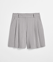 A pair of gray pinstripe shorts with pleats are laid flat against a plain white background. carousel Product Image 5