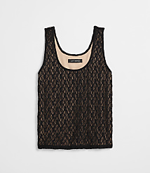 A black lace tank top with a nude lining is laid flat against a white background. carousel Product Image 5