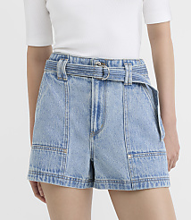 Rivete Petite Curvy Belted Denim Utility Shorts in Light Vintage Indigo carousel Product Image 1