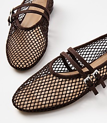 A pair of brown mesh ballet flats with double ankle straps are in the foreground against a plain white background. carousel Product Image 2