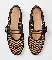 A pair of brown mesh ballet flats with double buckle straps rests on a plain white background. carousel Product Image 3