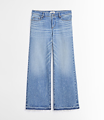 Light blue wide-leg jeans with a frayed hem are laid flat against a plain white background. carousel Product Image 4