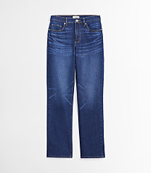 A pair of dark wash denim jeans with a straight leg cut are displayed against a plain white background. carousel Product Image 3
